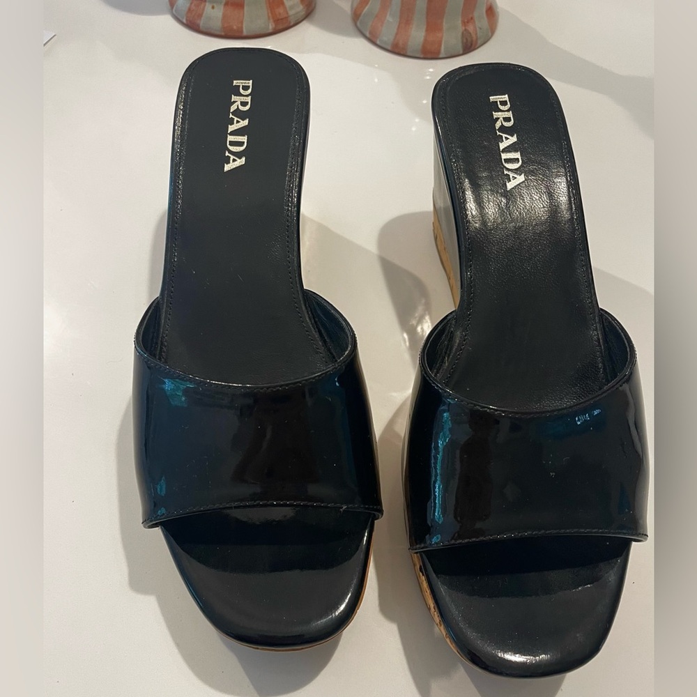 Prada Black Patent Leather Wedge Sandal
